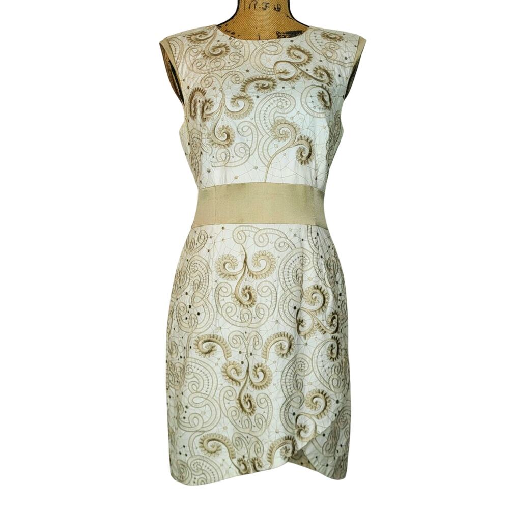 Karen Millen Paisley Embroidered Silk Waist Tie Tulip Hem Sleeveless Dress Sze 8